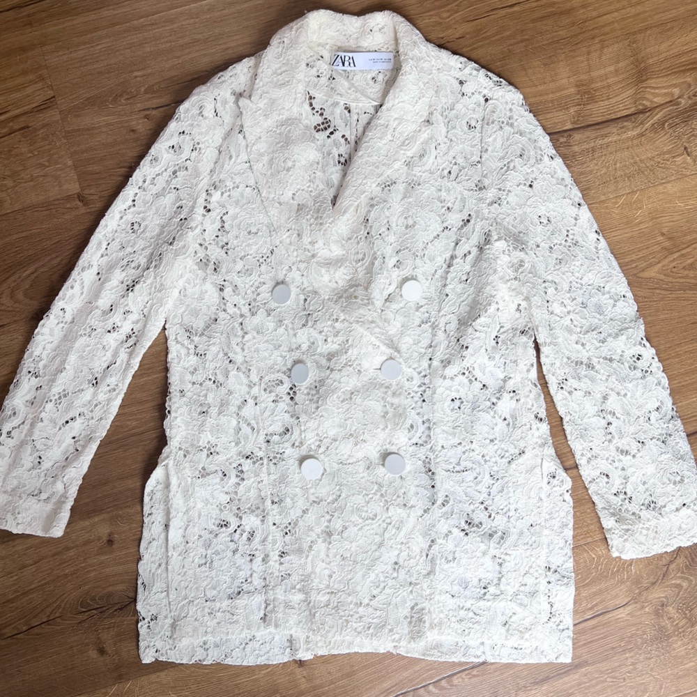 Zara White Lace Double-Breasted Blazer